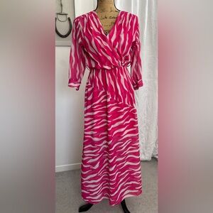 Estee Brown Paris Pink Zebra Maxi Dress Faux Wrap Size S
